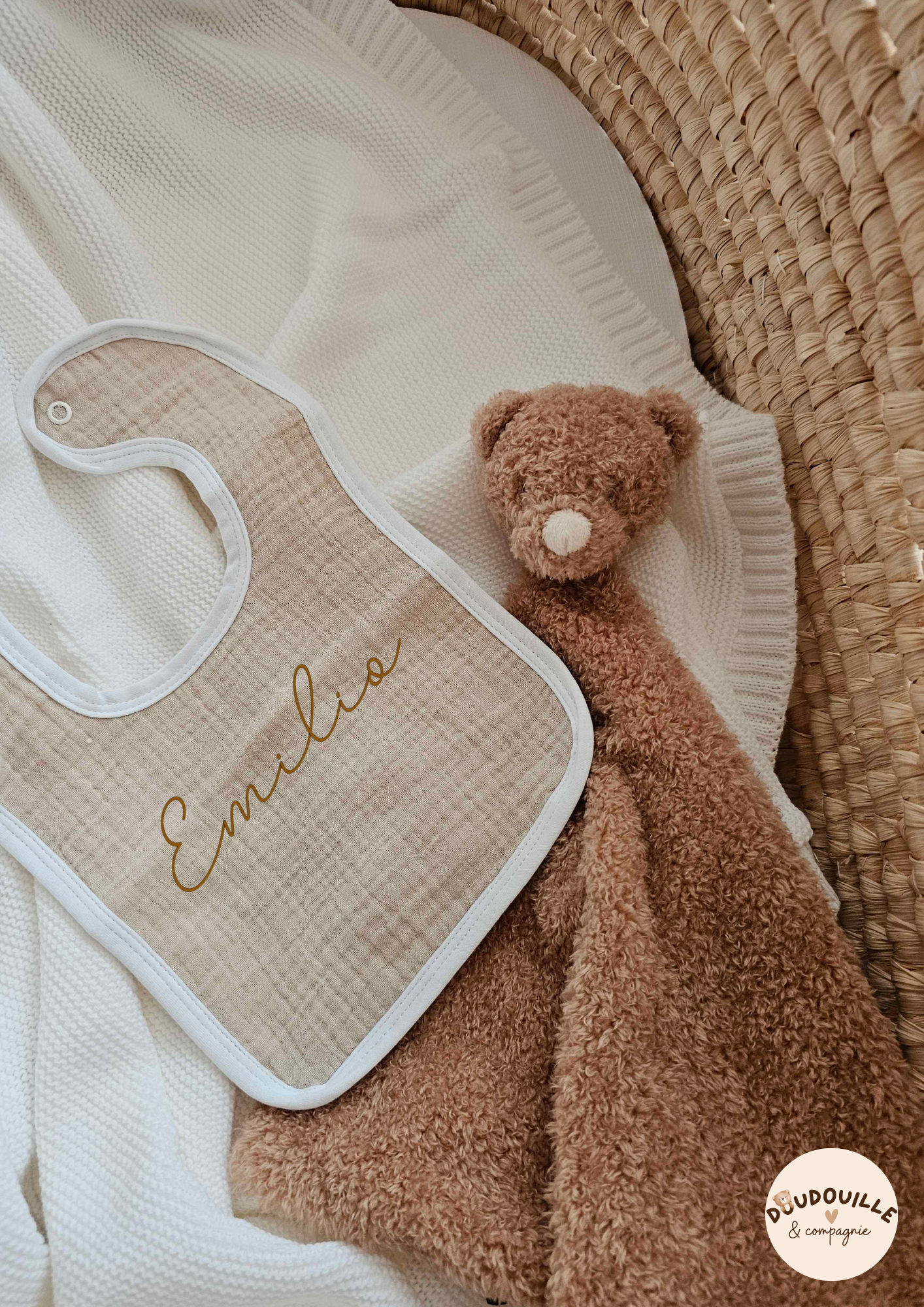 Bavoir- Gaze de coton - Beige- Prénom