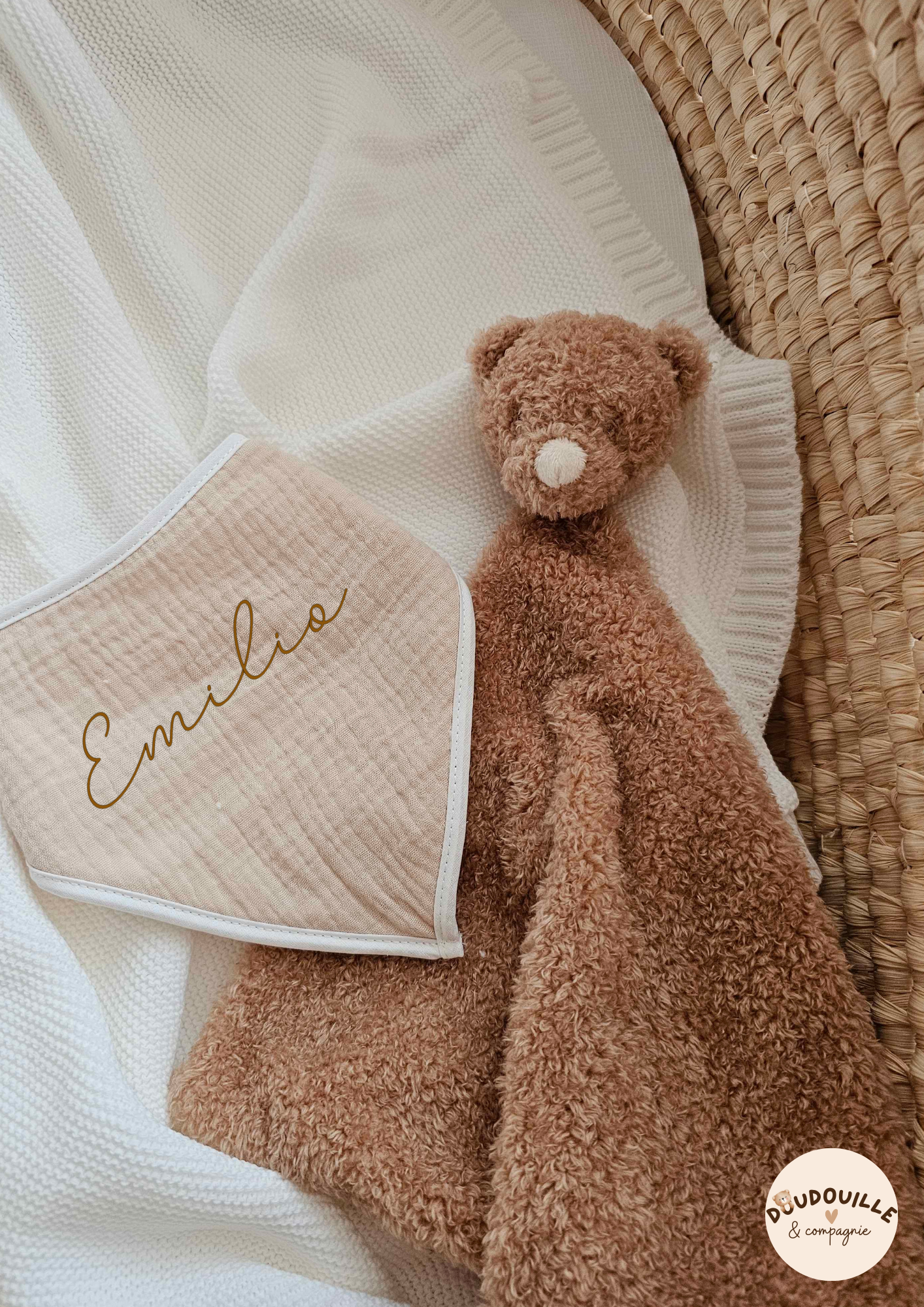 Bavoir triangle - Gaze de coton - Beige - Prénom