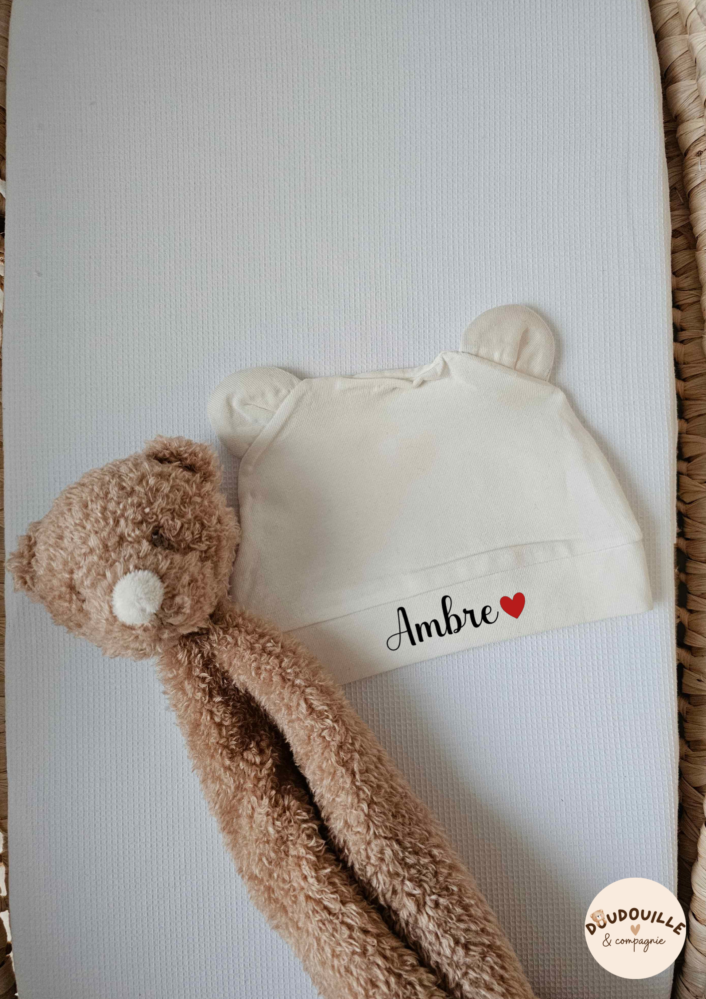 Bonnet Ourson - Crème - Prénom + symbole