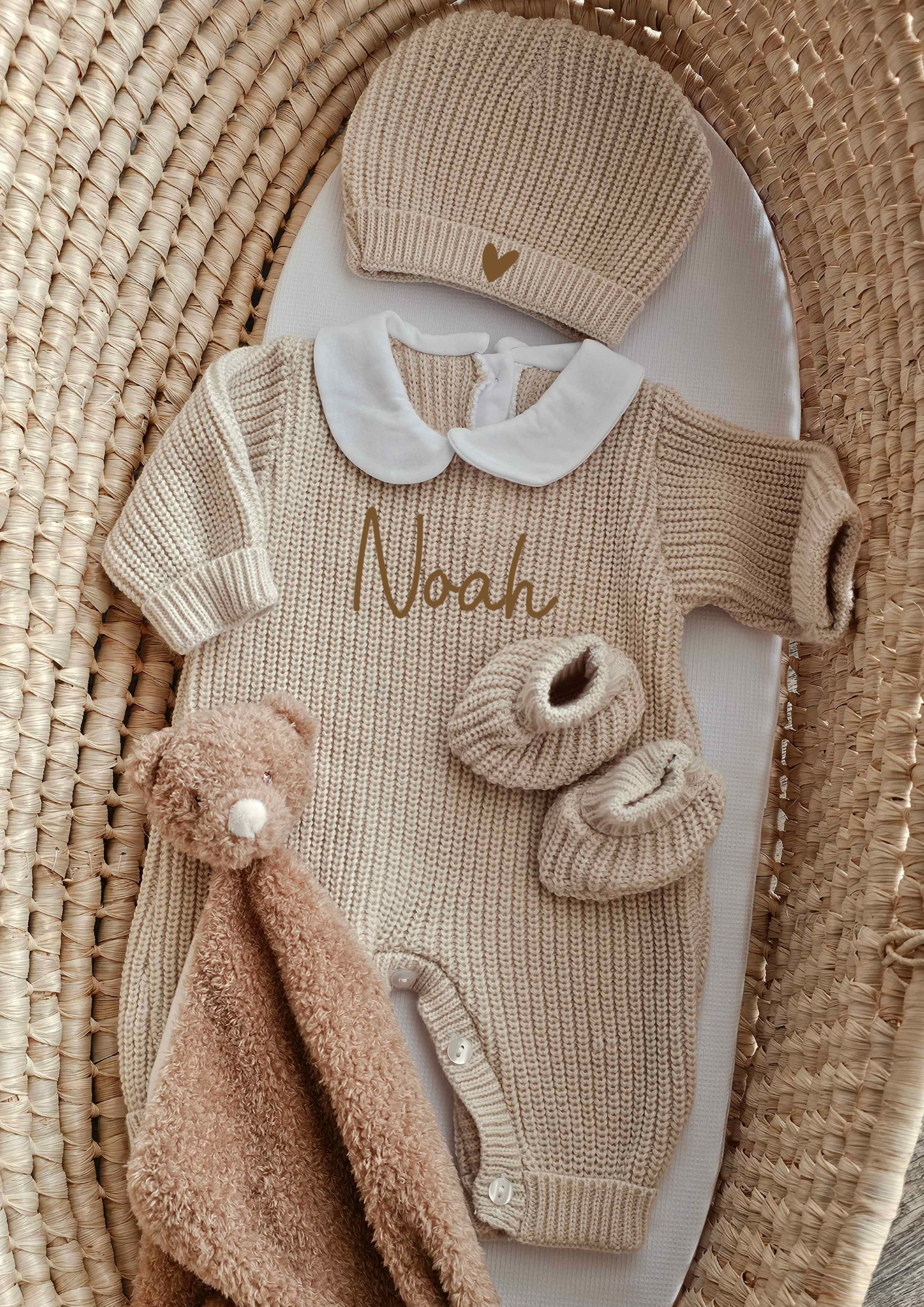 Combinaison naissance - Col - Beige- Prénom + symbole