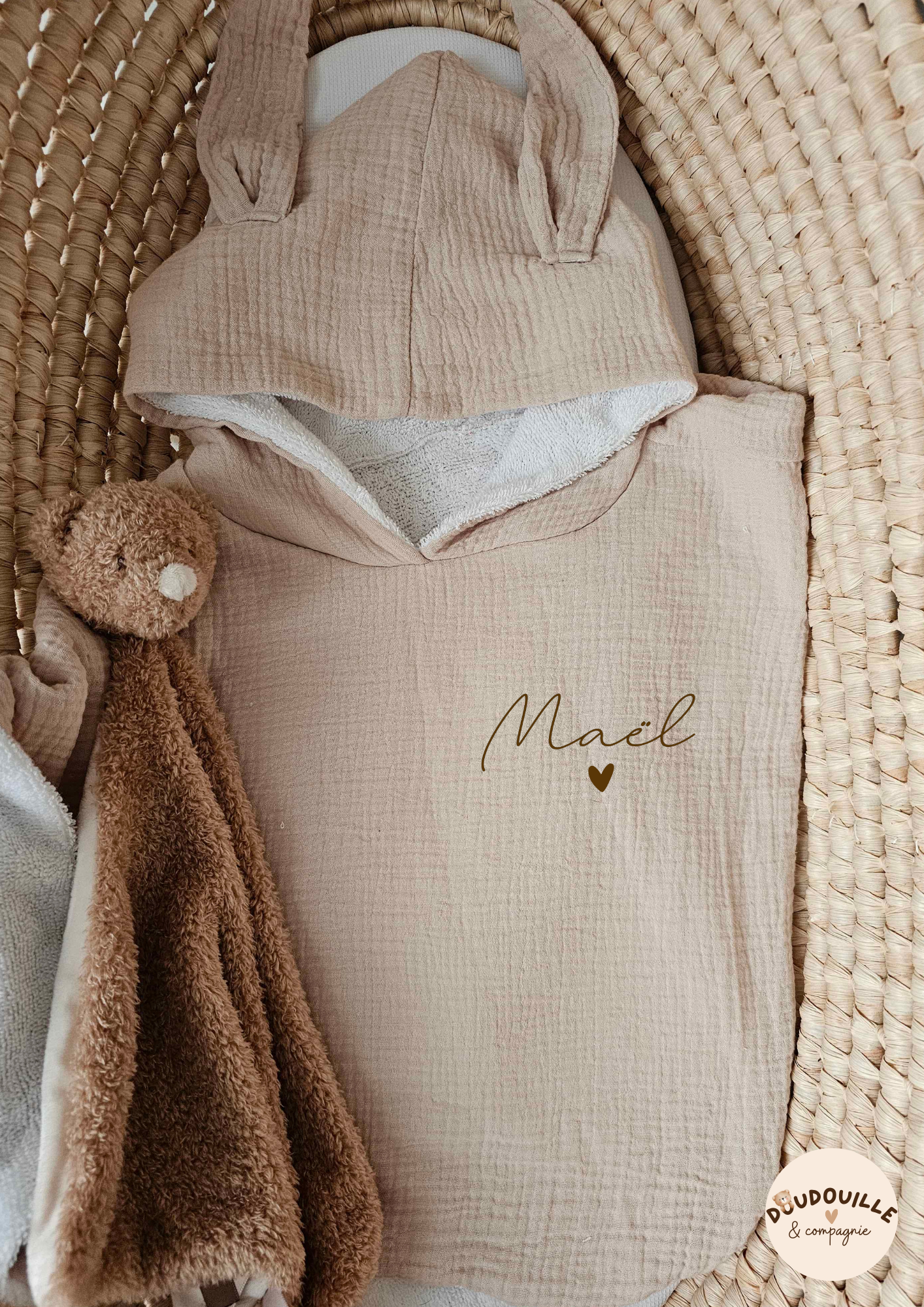 Poncho de bain - Beige - Prénom sur le coeur