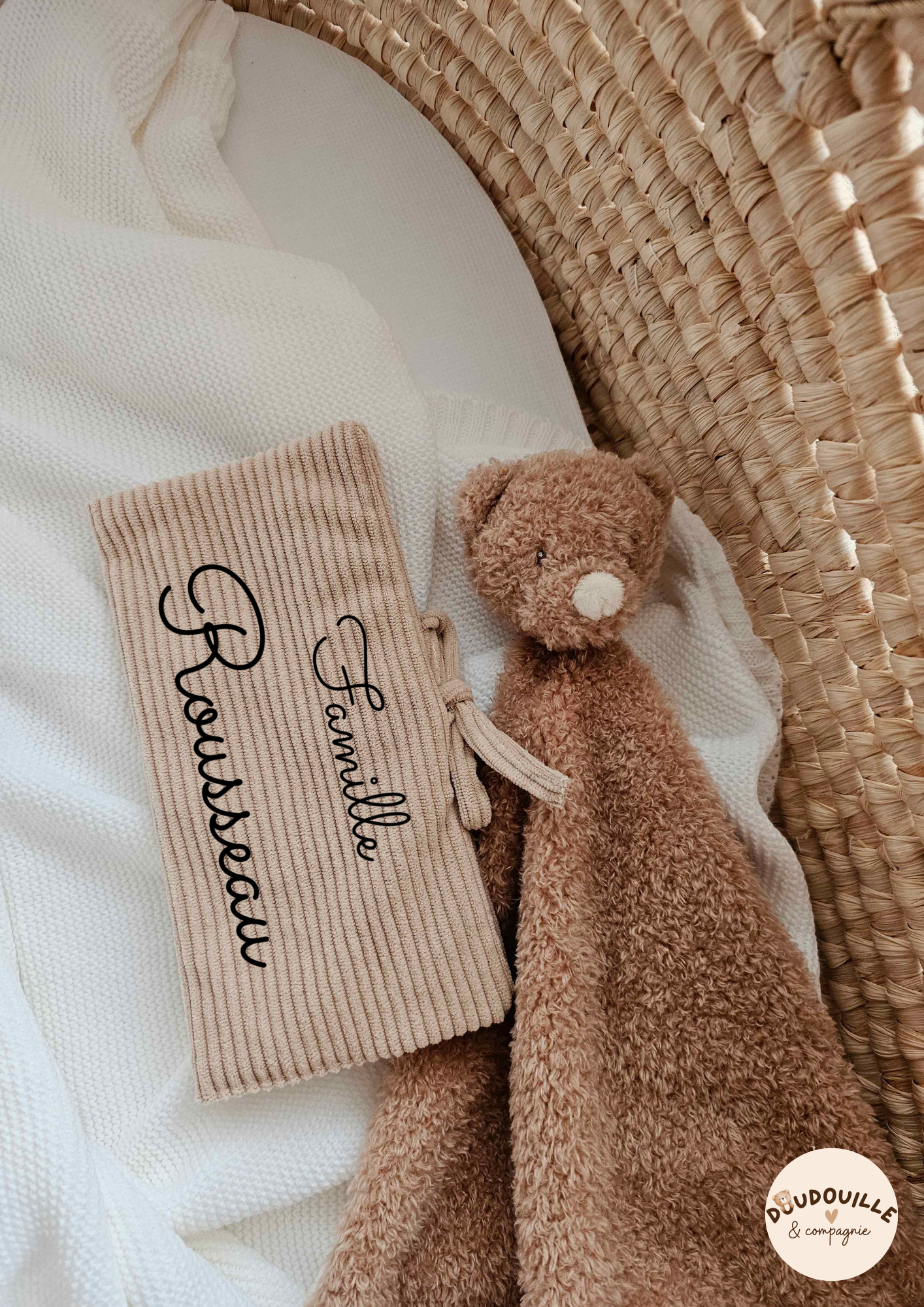 Protège livret de famille  - Gaze de coton - Beige Côtelé